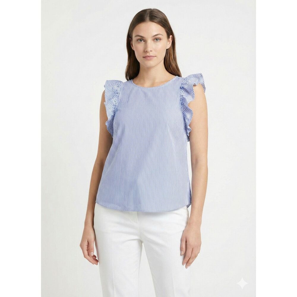 J. Crew Striped Ruffle Flutter Sleeve Blouse Blue White 00 Coastal Preppy Cotton